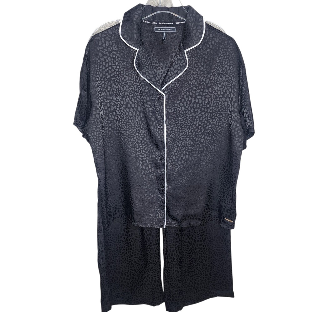 BCBGMAXAZRIA Womens Pajama Set Black Animal Print Satin‎ Short Sleeve Pants L